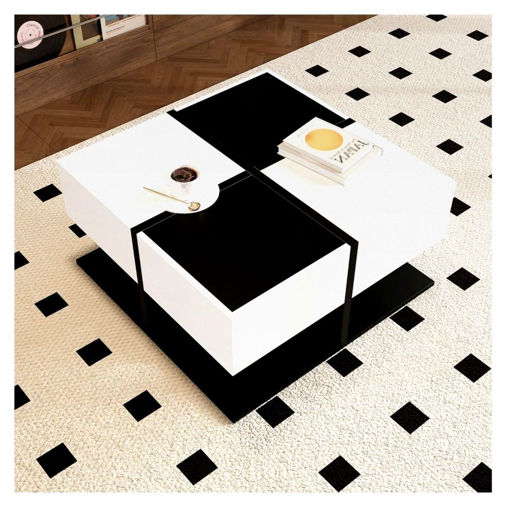 Quadratischer Couchtisch Schwarz Weiß 70x70x35,5 cm mit 2 Schubladen Hochglanz für das Wohnzimmer