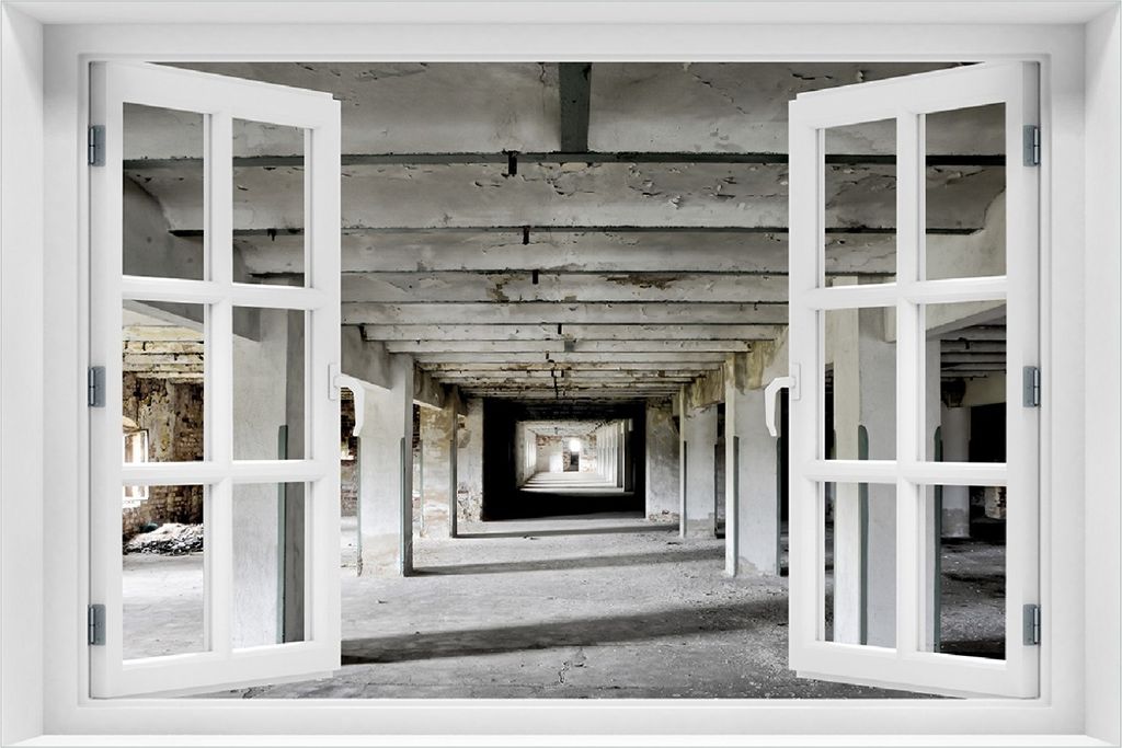 Wallario selbstklebendes Poster mit Fenster-Illusion - Alte Industriehalle - einsame Lagerhalle einer Brauerei, Größe: 100 x 150 cm