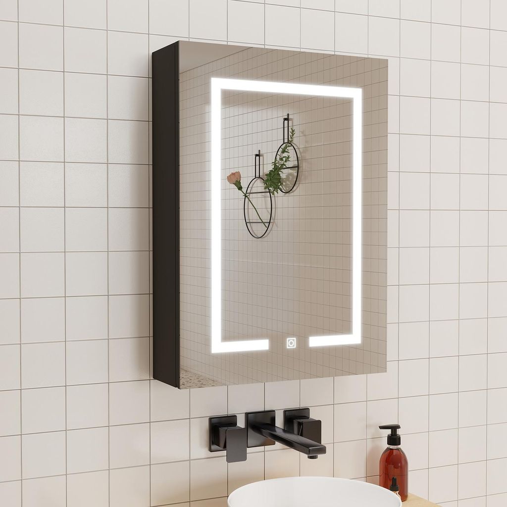 LED Spiegelschrank 50x70 cm mit Rasier-Steckdose Drei Lichtfarbe Dimmbar Touch/Wandschalter Beschlagfrei IP44 - Hochglanz Schwarz