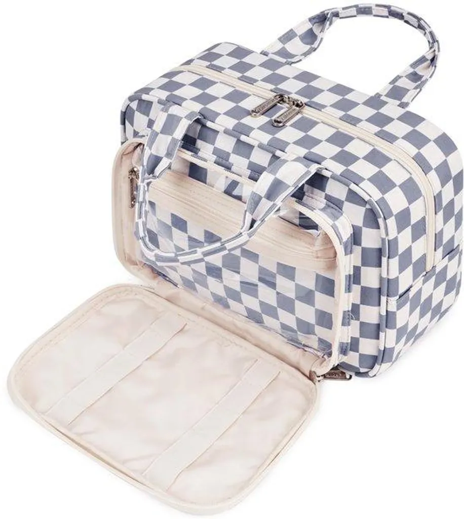 Trousse de maquillage spacieuse damier gris bleu : fini le désordre