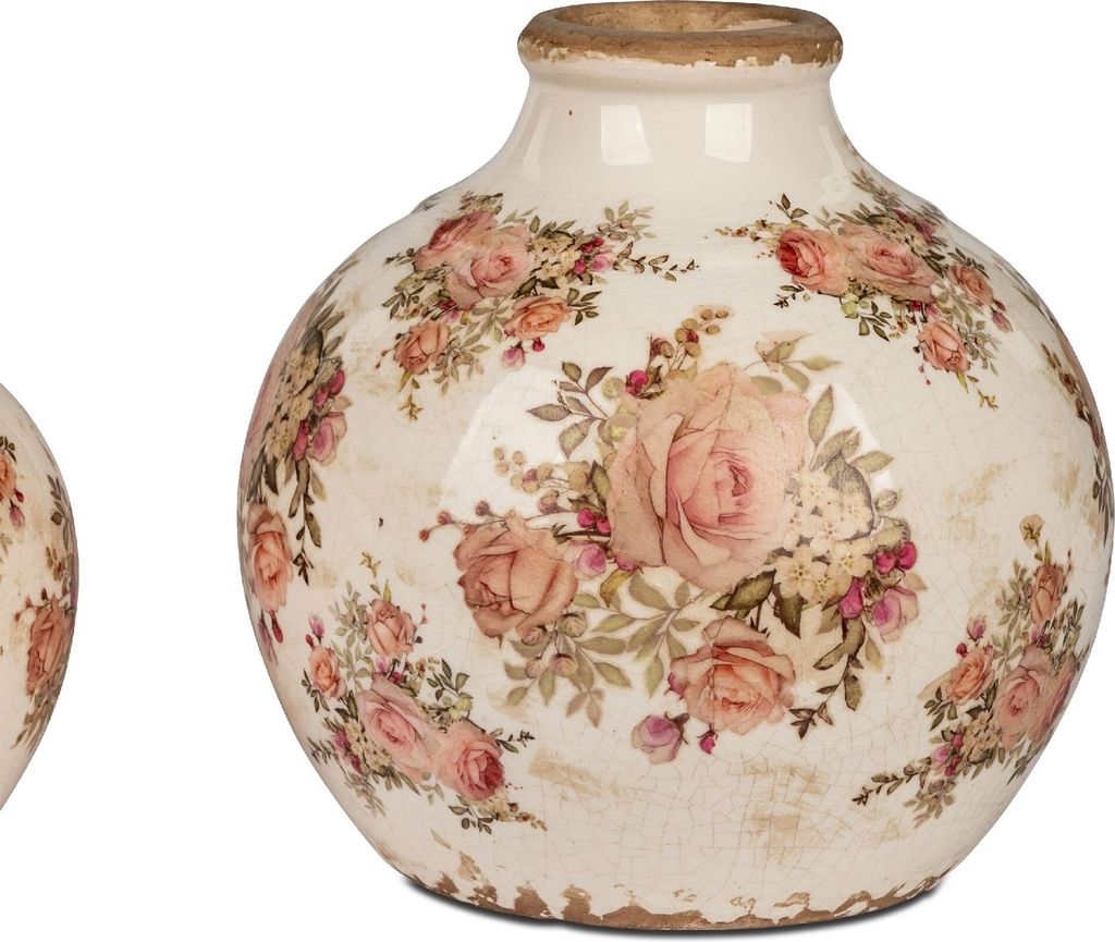 Dekovase VINTAGE ROMANTIK mit Rosendekor H. 21cm weiß rosa braun Formano S25