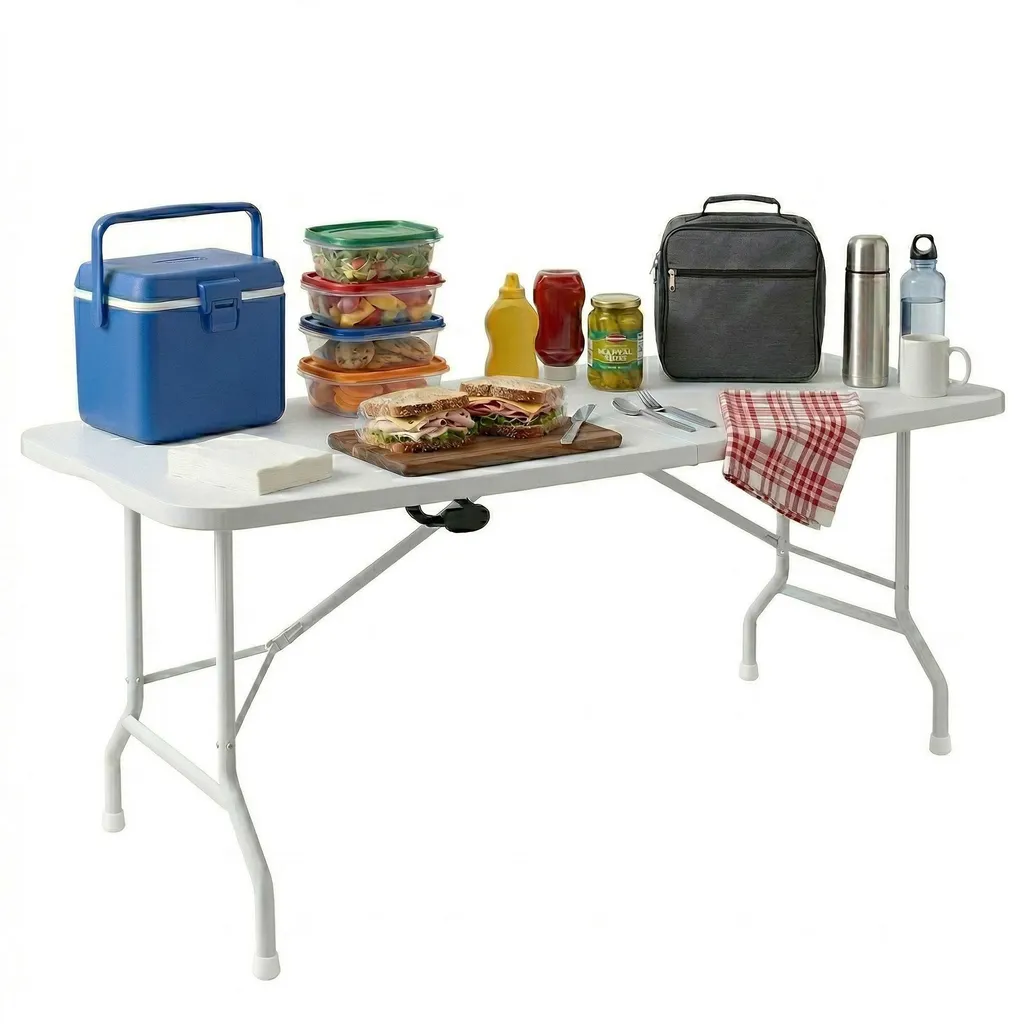 Table de camping pliable 180 cm portable avec plateau résine blanche