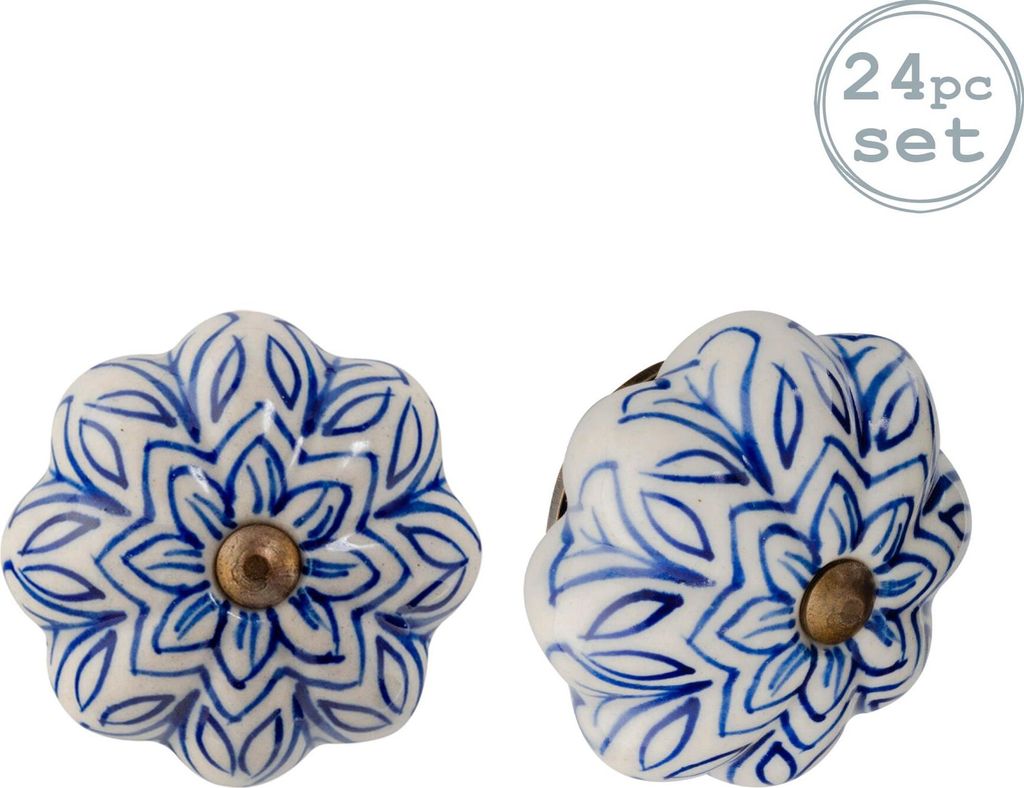 Möbelknöpfe aus Keramik - Blumendesign im Vintage-Look - Dunkelblau - 24 Stück