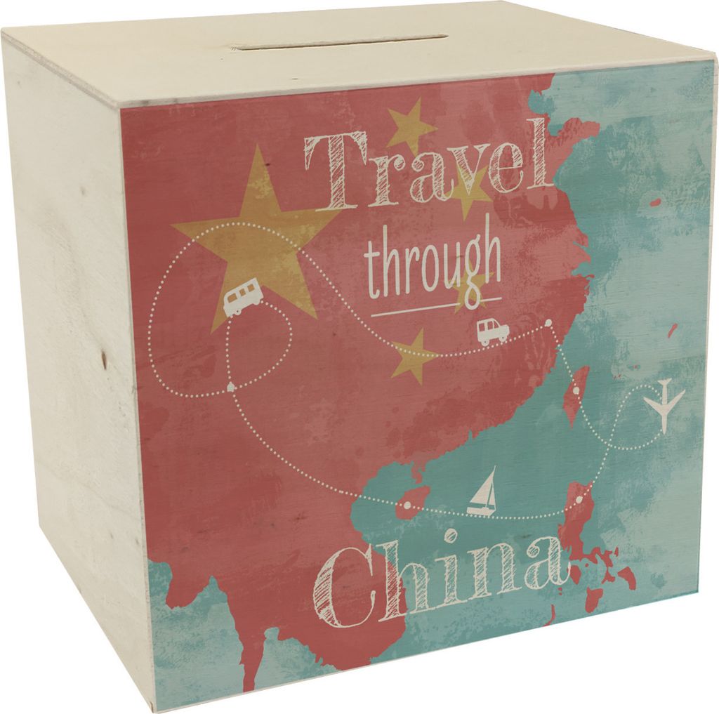 Spardose aus Holz mit China Karte und Spruch - travel through China