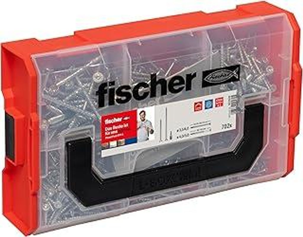 fischer FixTainer PowerFast II Spanplattenschraube, vorsortierte Sortimentsbox mit 700 Schrauben und 2 Bits, Senkkopf, Teilgewinde, Vollgewinde und...