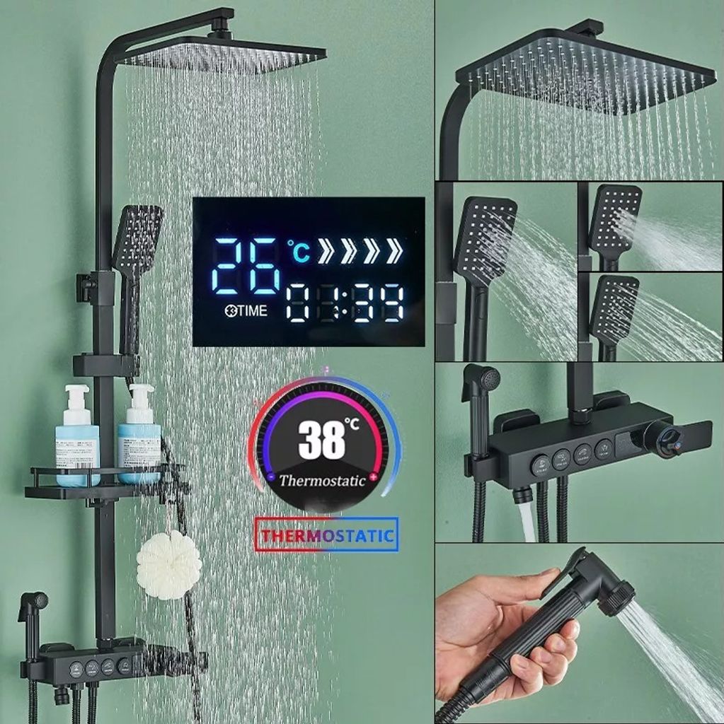 Schwarz Duscharmatur Thermostat Duschset LCD Edelstahl Duschsystem