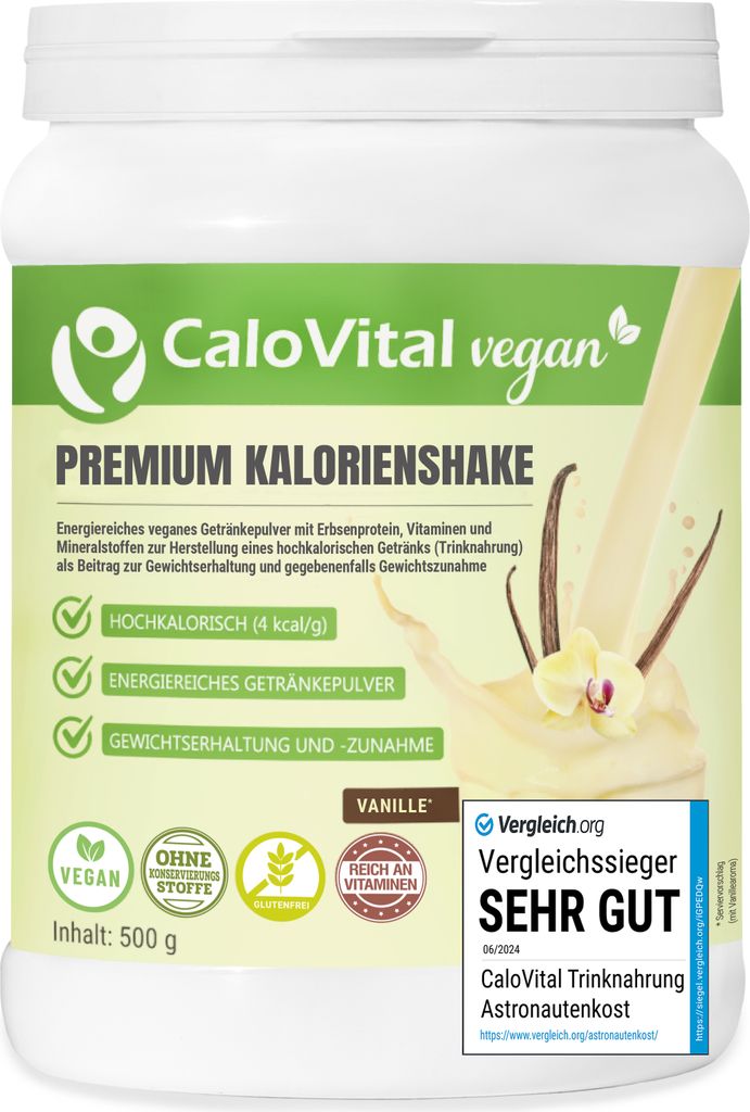 Hochkalorische Trinknahrung Vegan Kalorien Shake Vegan zum Zunehmen mit Kohlenhydraten & Protein | Mahlzeitenersatz Vegan von CaloVital 500g Vanille