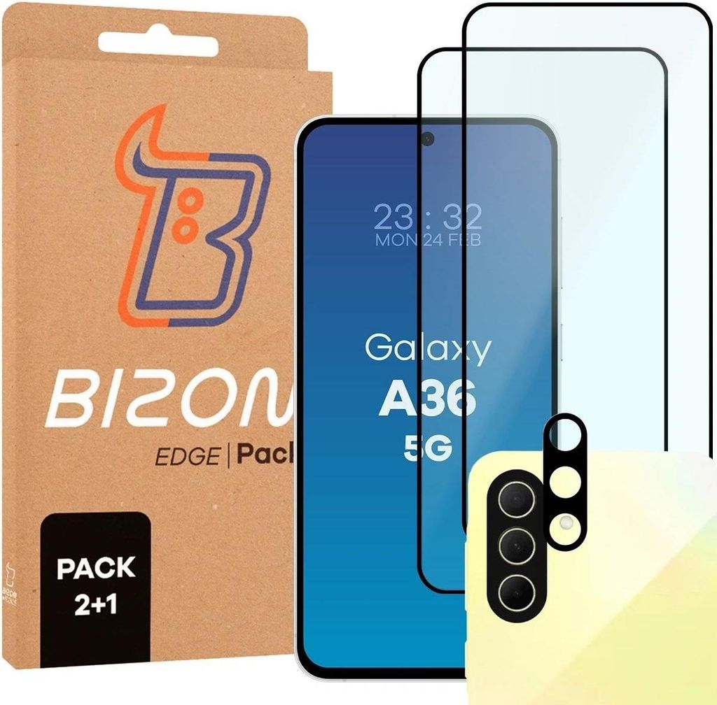 Bizon Edge 2 Pack 2x gehärtetes Glas + Linsenschutz für Samsung Galaxy A36 5G