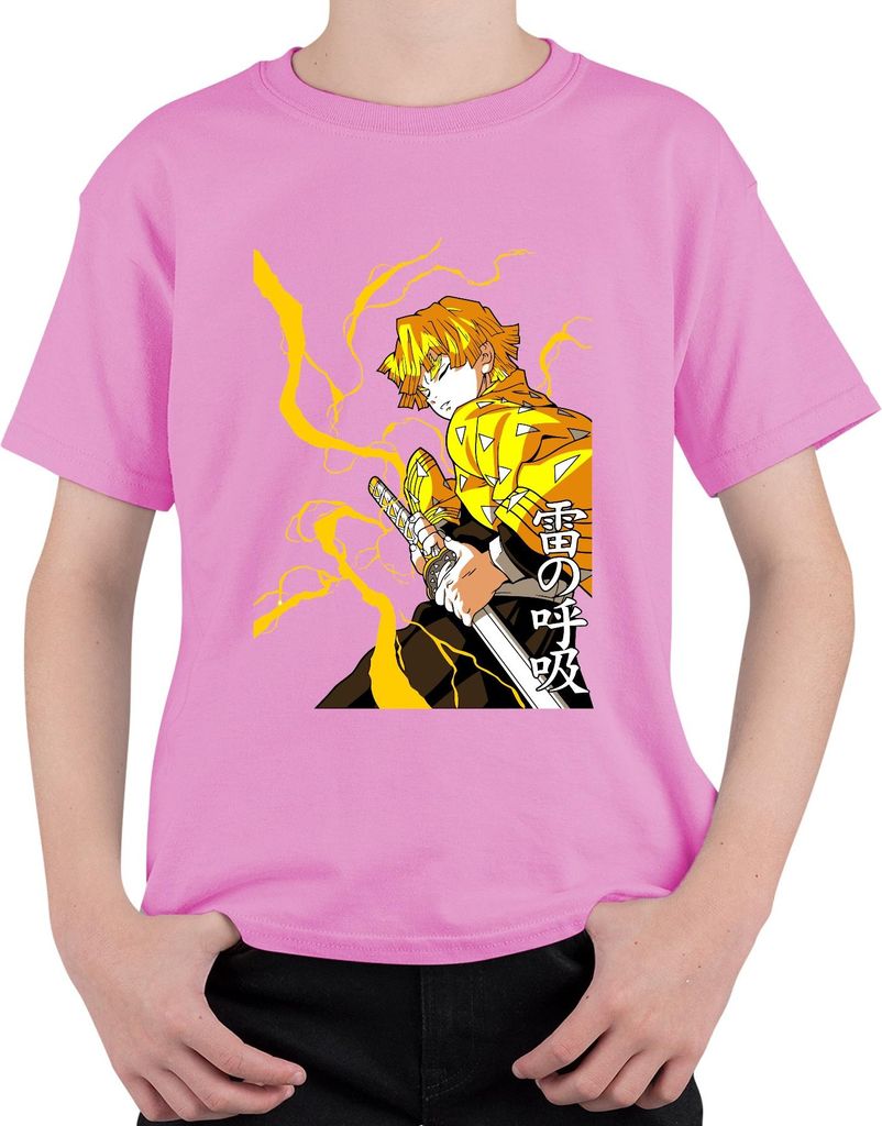 Zenitsu Kimetsu no Yaiba Blitz Schwert Anime Manga 雷の呼吸 Geschenk Uni Kinder T-Shirt, Pink, 152