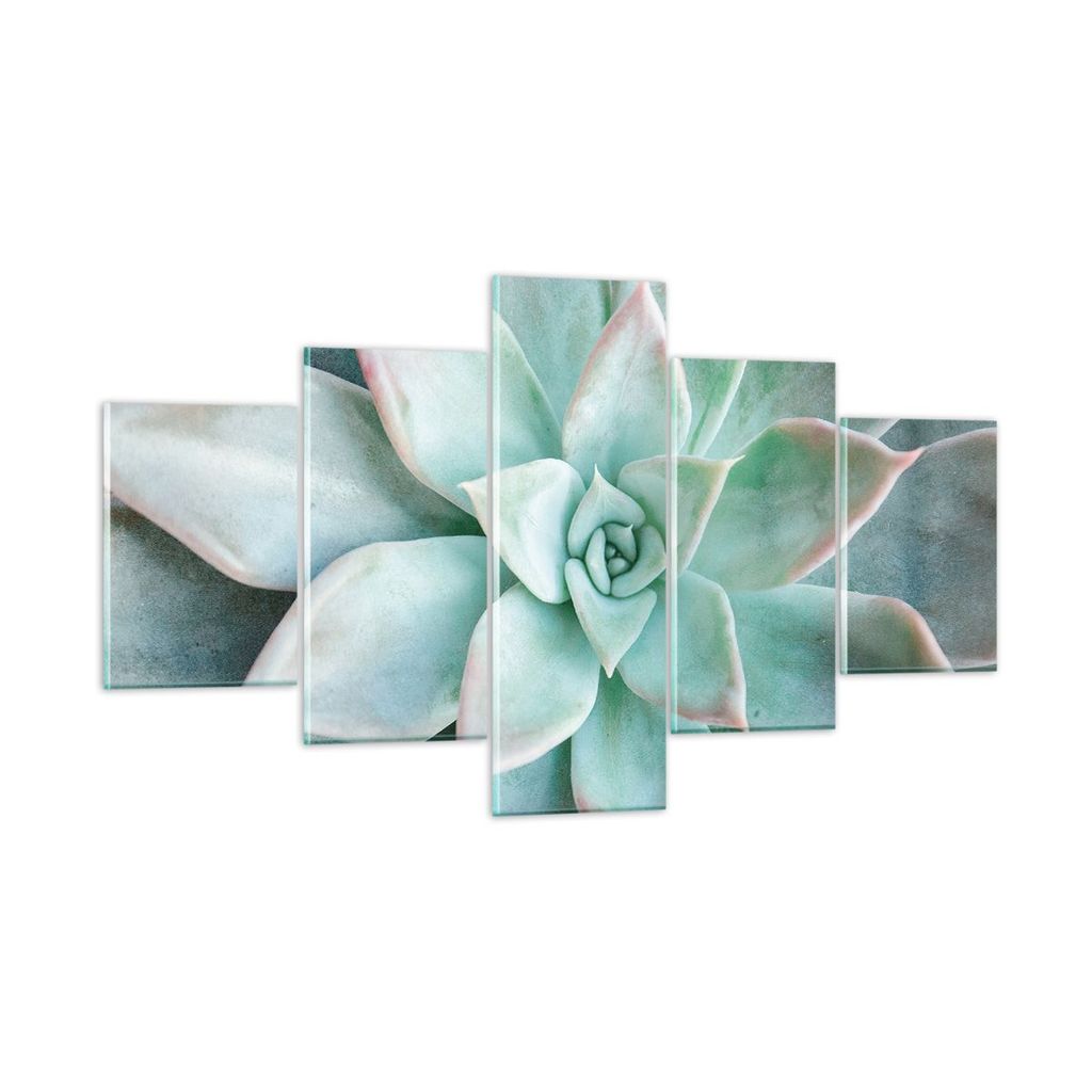 Bilder auf glas - 5 Teile - Blau Blätter Agave - 125x70cm - Glasbilder - Wandbilder - Bilder - zum Aufhängen bereit - Wanddekoration aus Glas - G...