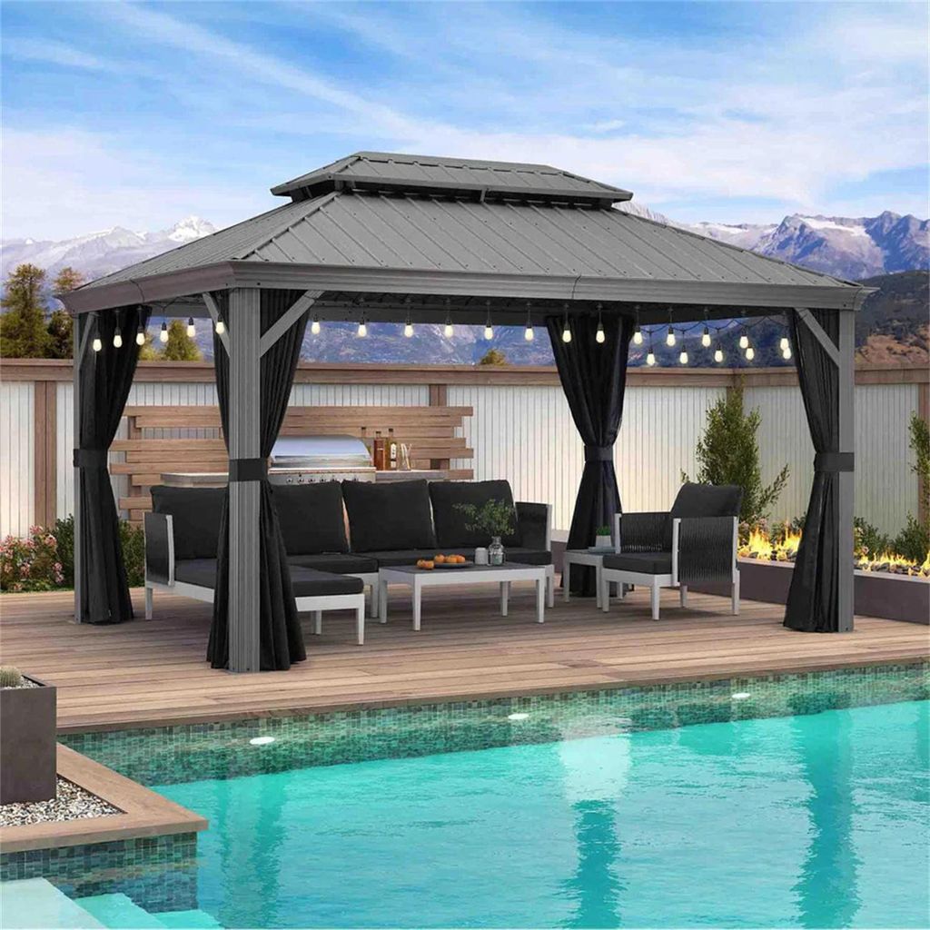 PURPLE LEAF Hardtop Pavillon 3x4.25m wasserdicht winterfest und stabil für den Garten,Hellgrau,mit Beleuchtung