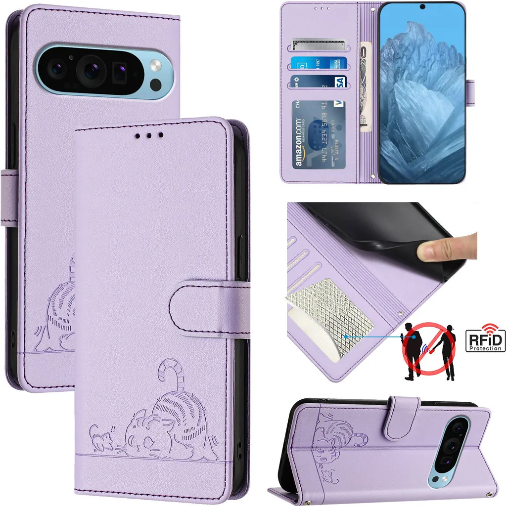 Custodia Protettiva Pixel 9 Pro XL Portafoglio Gatto Viola Pelle PU