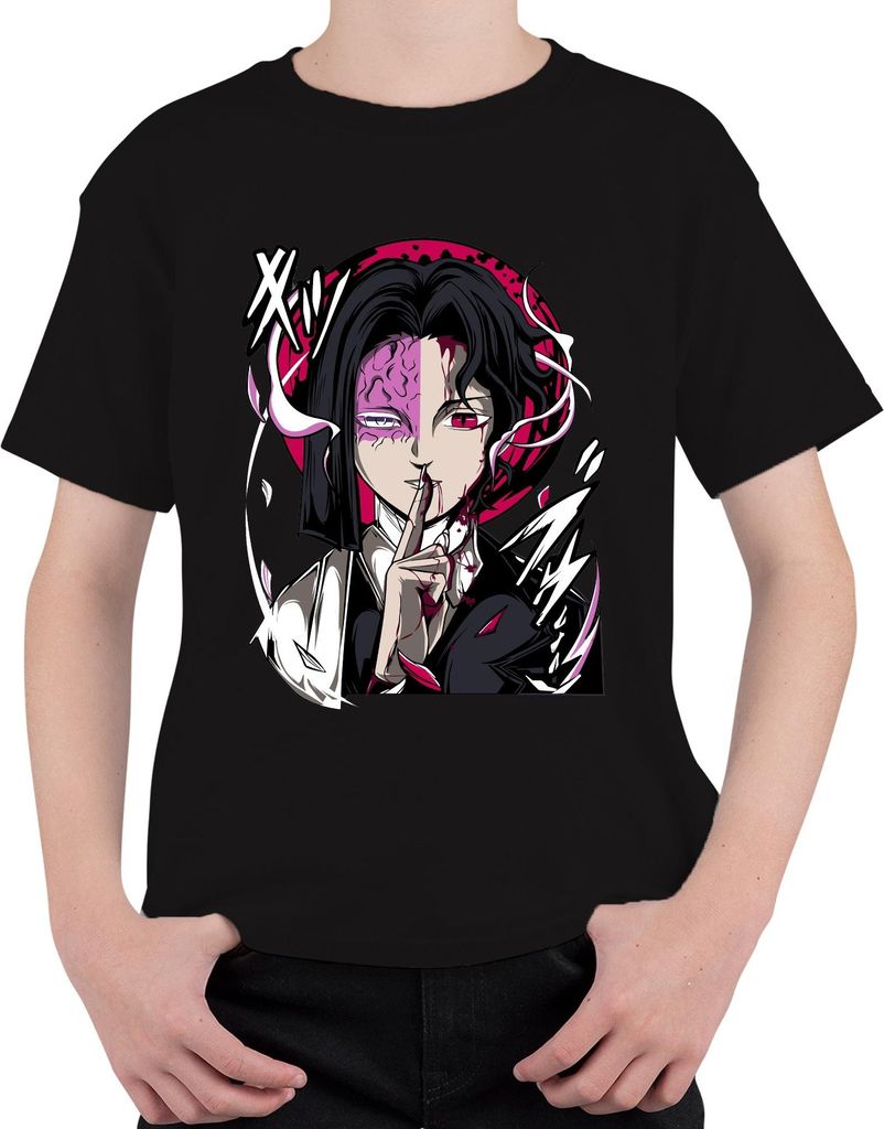 Anime Dämon Halbgesicht Blut Rotes Auge Psst Gothic Halloween Uni Kinder T-Shirt, Schwarz, 116