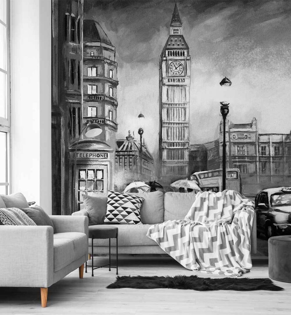 Fototapete Londoner Innenstadt gemalt farblos, Material:Superior Vlies 350g/qm, Größe Tapete:455 x 300cm