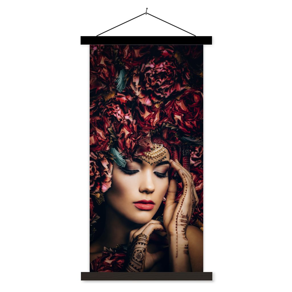 MuchoWow Textilposter Frau - Blumen - Henna - Porträt 60x120 cm mit schwarzem Rahmen - Magnete