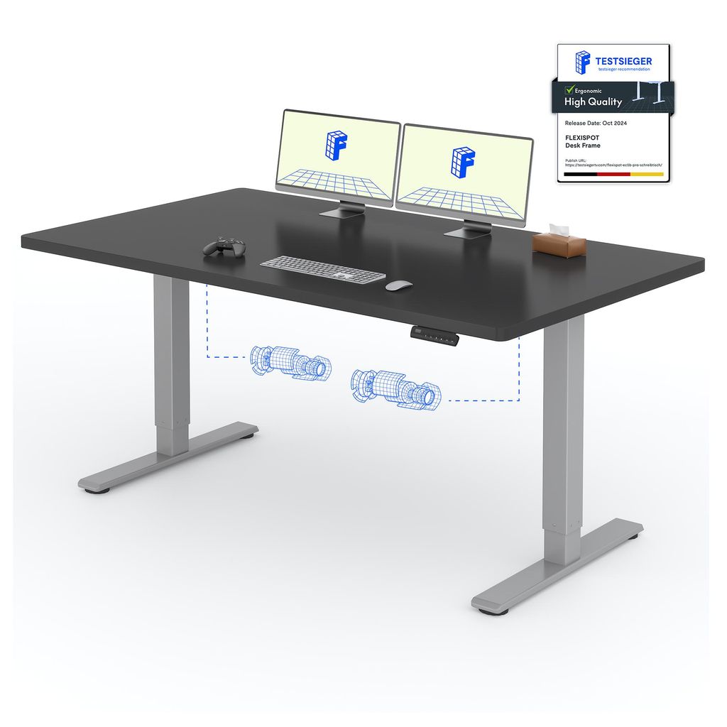 A black height-adjustable desk with two monitors, a keyboard, and a mouse.
