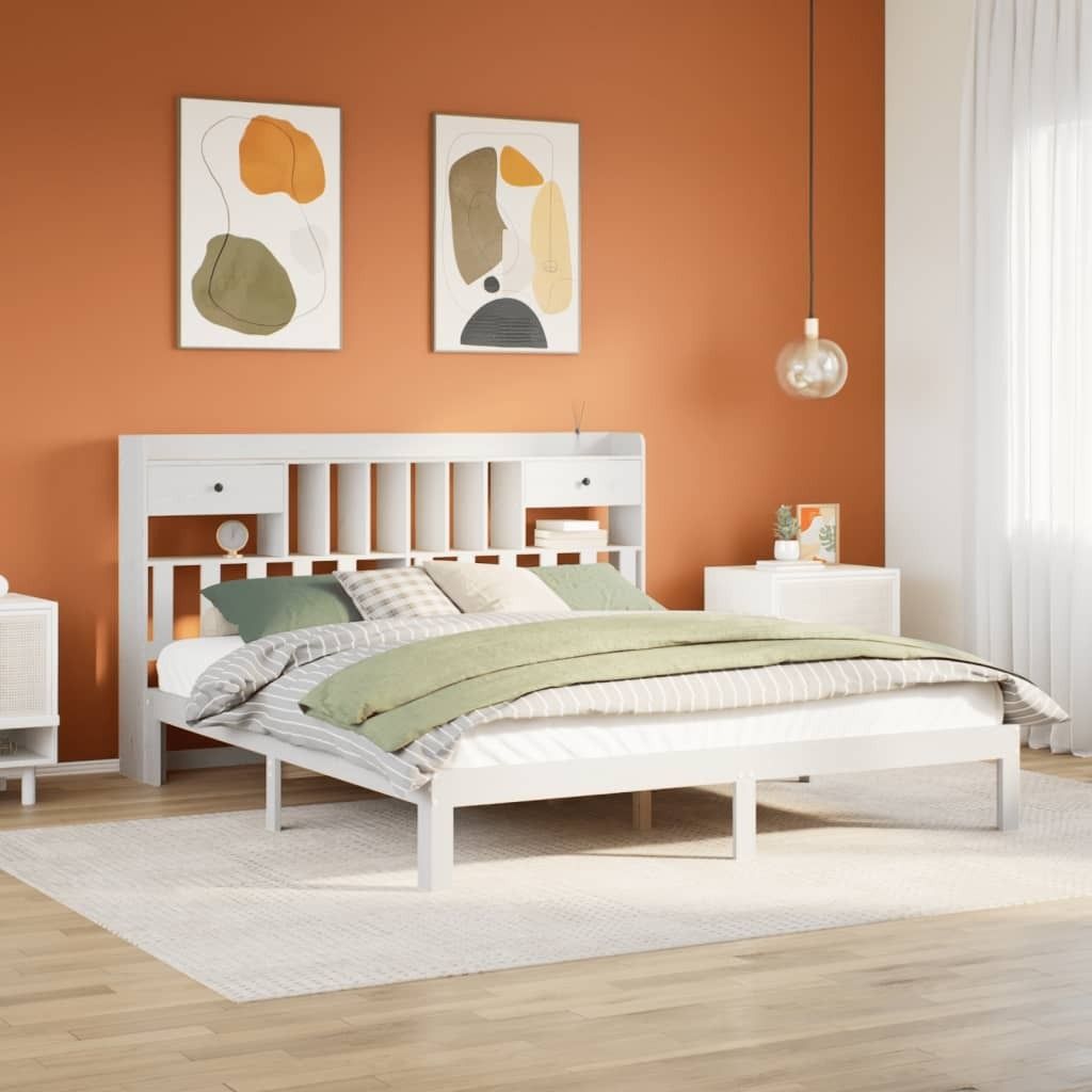 "Rabatt" Massivholzbett Schlafzimmer - Bettgestell moderne - mit Regal ohne Matratze - Weiß 180x200 cm Kiefer - Klassische Betten CC11698