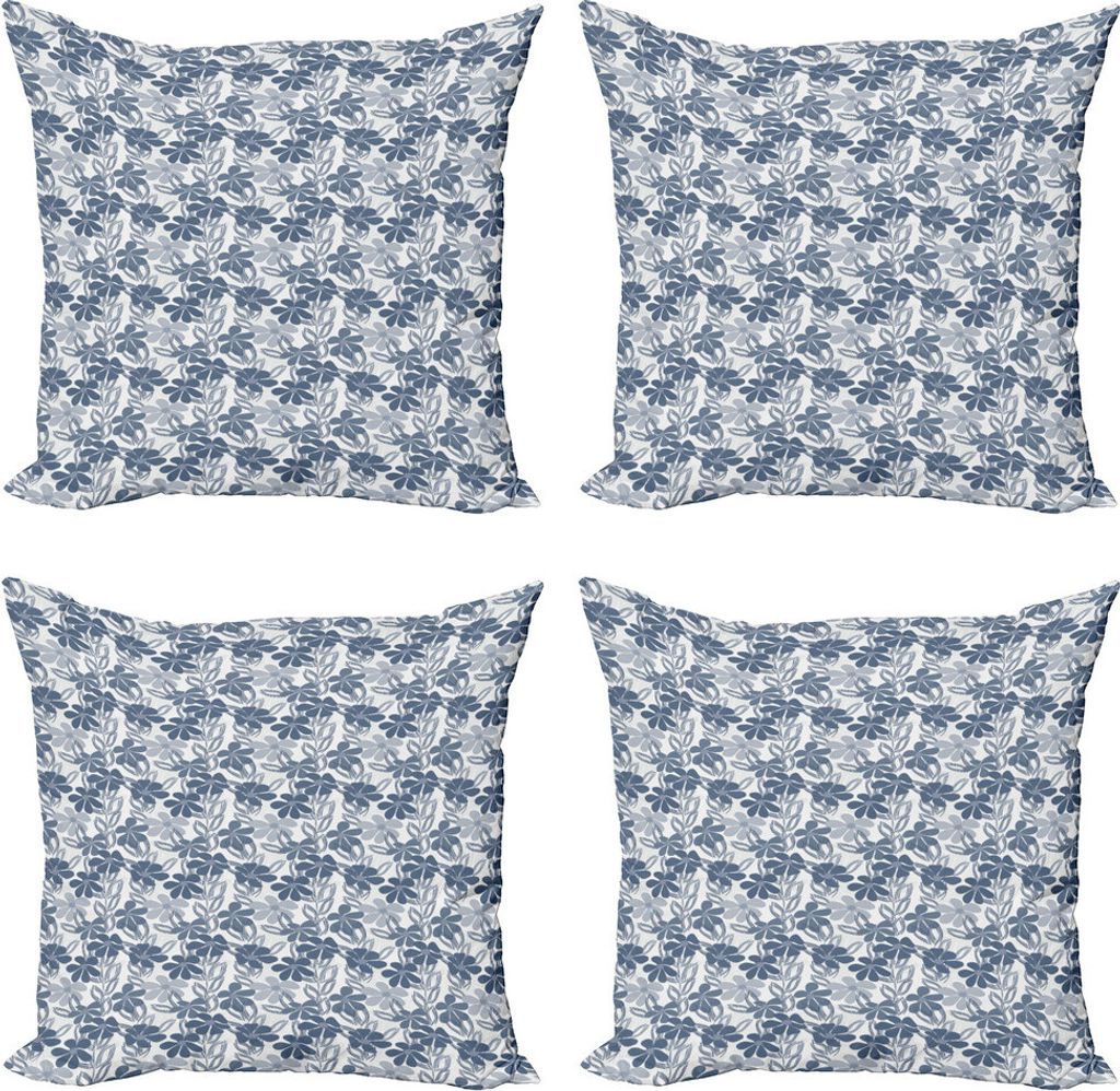 ABAKUHAUS Blumen Kissenbezug Set (4 Stück), Pastellfarben mit Blättern, Moderner Doppelseitiger Digitaldruck, 50 cm x 50 cm, Blassgrau Schieferblau