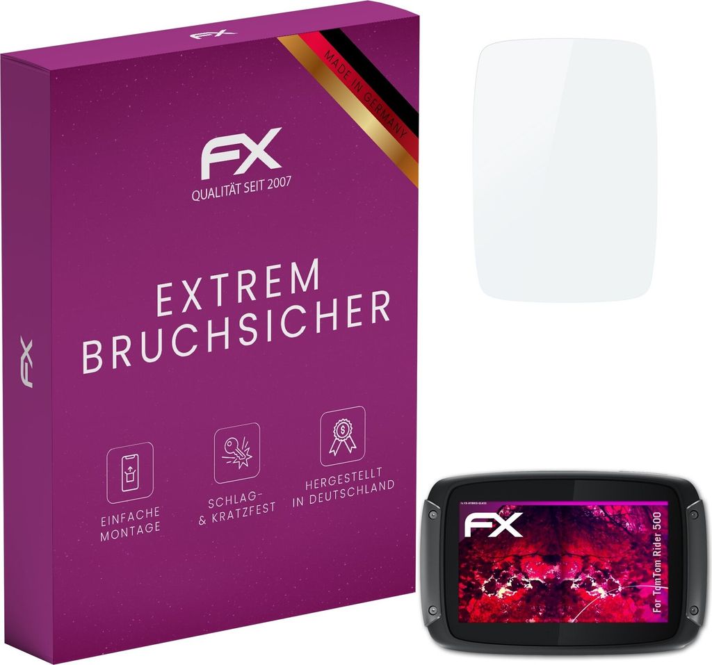 atFoliX FX-Hybrid-Glass Displayfolie kompatibel mit TomTom Rider 500 Glasfolie