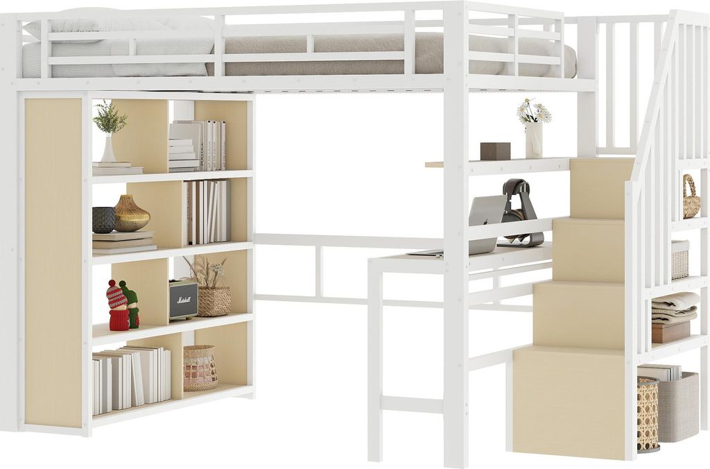 Hochbett mit RGB LED-Streifen, Schreibtisch, Bücherregal, Lattenrost, Treppe, Rausfallschutz, 140x200cm, Metallbett, Kinderbett