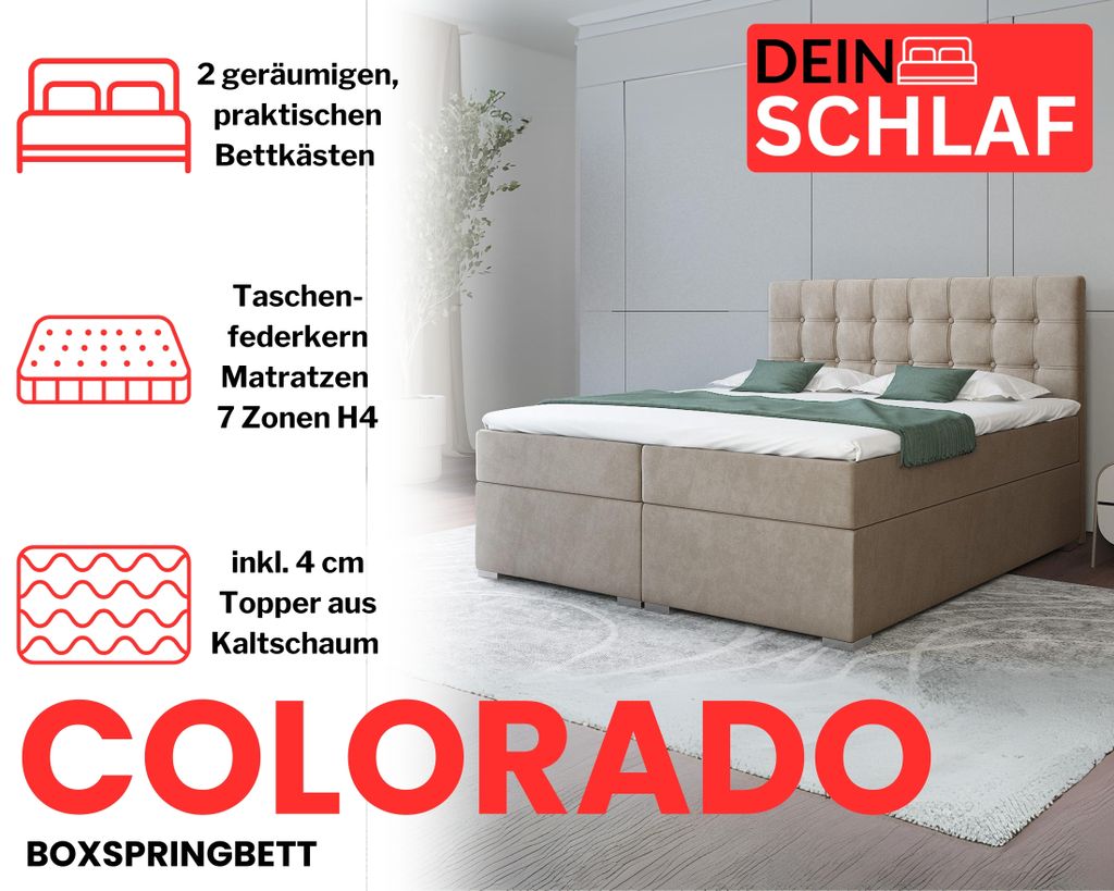 Boxspringbett COLORADO 180x200 cm Beige Velour Samt Produktbild 2