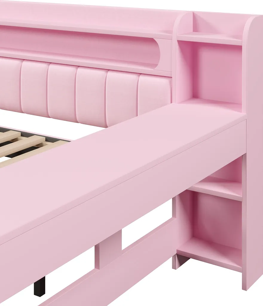 Flieks Lit d'adolescent 140x200cm Rose avec LED USB et Bureau Intégré