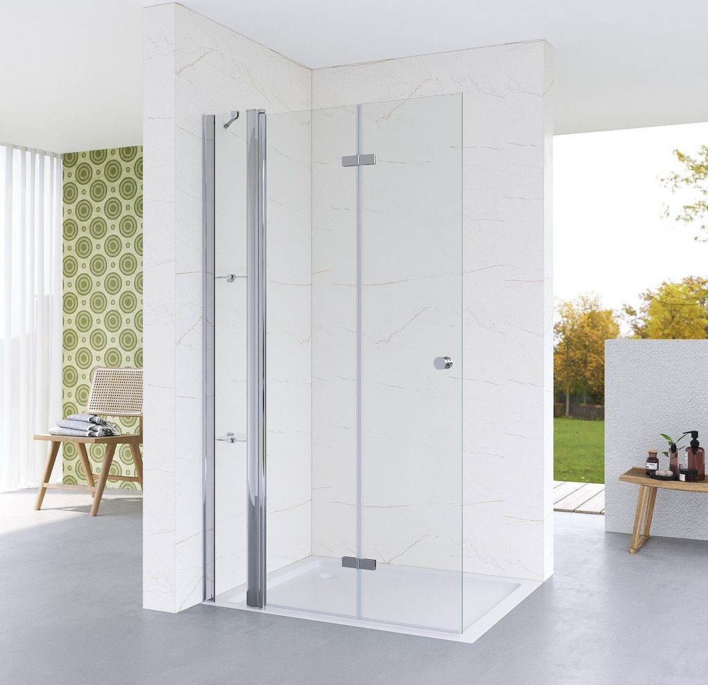 Walk in Duschwand 105x187cm Glas Duschabtrennung Falttür Duschtrennwand Duschtür mit Festteil und Duschablagen Drehfalttür 5 mm Einscheibensiche...