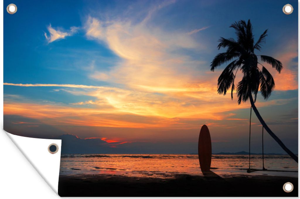 MuchoWow 120x80 cm Outdoor-Poster Gartendeko Sichtschutz Garten Poster für den Garten Silhouette eines Surfbretts und einer Palme am Strand von ...