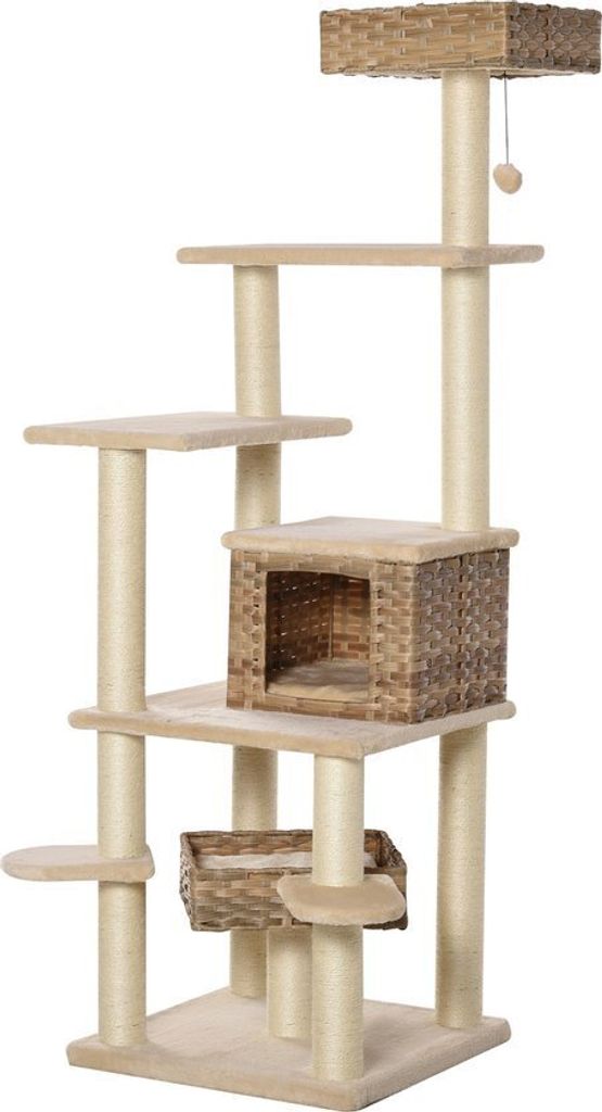 A multi-level cat tree with scratching posts, platforms, and enclosed spaces, set against a white background.