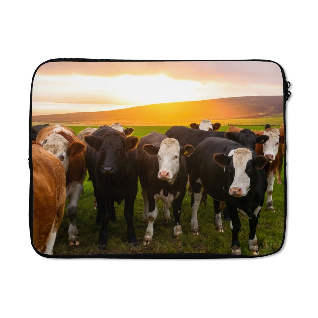MuchoWow Laptop Hülle 15 Zoll Kühe - Hügel - Sonnenuntergang - Gras - Grün Laptoptasche - Laptoptasche - Sleeve - Rundum-Schutz