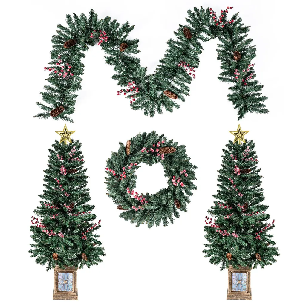 Set de 2 Sapins de Noël Artificiels 120cm avec Guirlande et Couronne