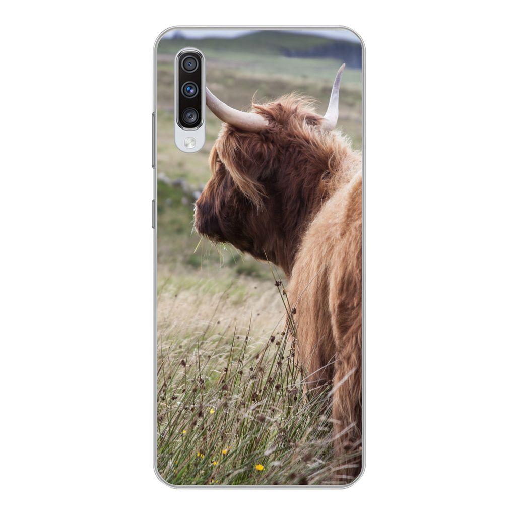 MuchoWow Handyhülle Schutzhülle Hülle für Samsung Galaxy A70 Schottische Highlander - Natur - Meer Silikon Softcase Handy Hülle - Schutzhaube