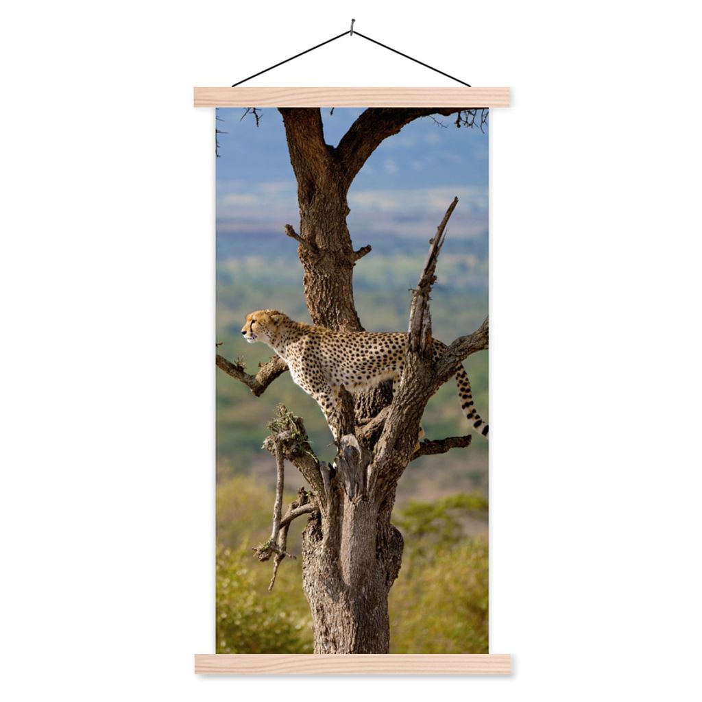 MuchoWow Textilposter Leopard - Baum - Tier 40x80 cm mit holzfarbenen Rahmen - Wohnzimmer