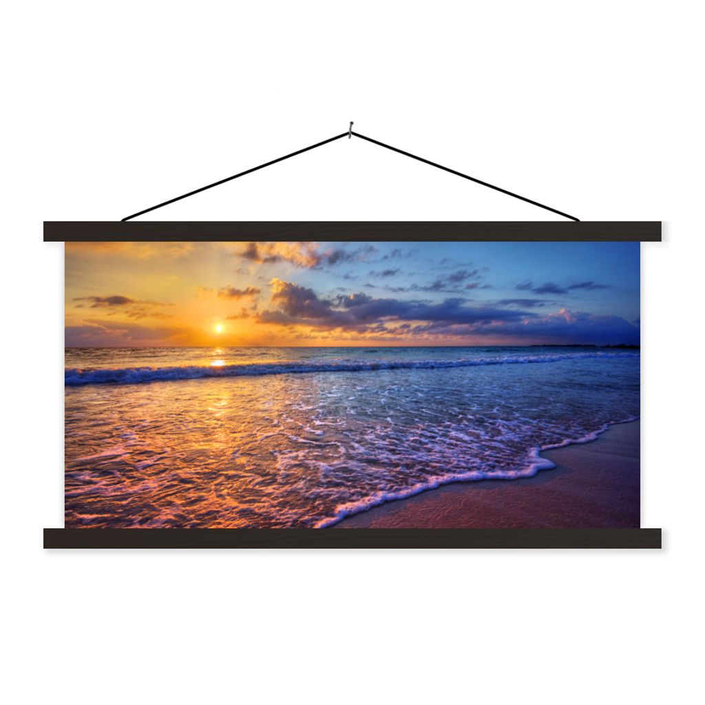 MuchoWow Textilposter Meer - Strand - Sonnenuntergang - Wolken - Horizont 90x45 cm mit schwarzem Rahmen - Klemmleisten