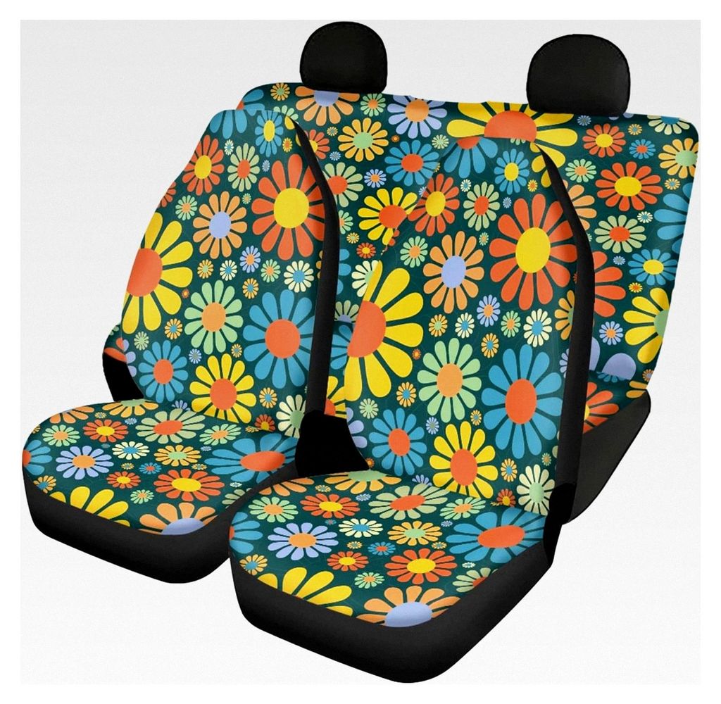 Abstrakte Hippie Blume Auto Sitzbezüge Komplettset Vorne Hinten Bunte Gänseblümchen Sitzkissen Universal