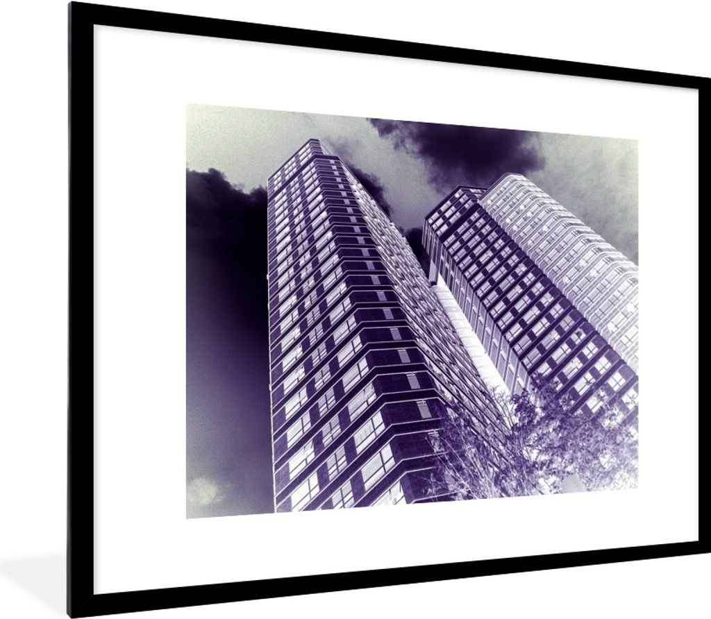 MuchoWow Gerahmtes Poster Den Haag - Wolkenkratzer - Schwarz - Weiß 80x60 cm - Poster mit Schwarzem Bilderrahmen Wandposter Rahmen Foto Bilder -...