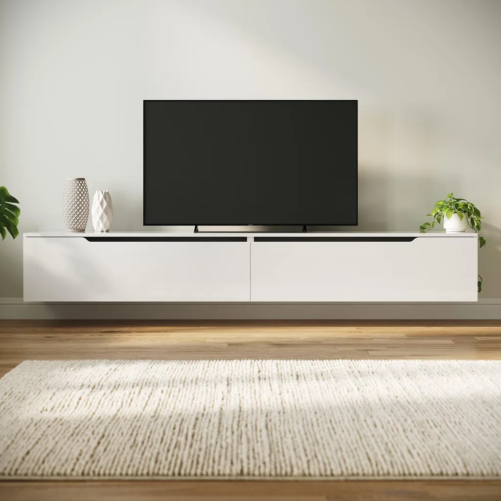 Meuble TV SONNI blanc brillant 200 cm avec éclairage LED RGB intégré