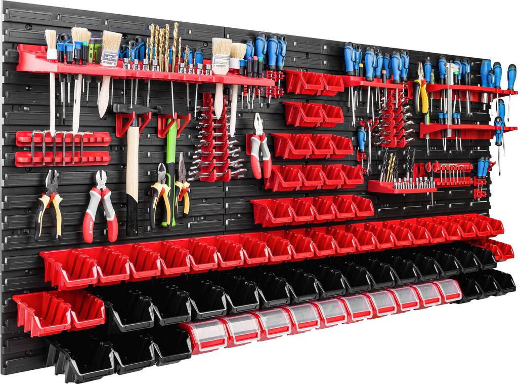 Lagersystem Werkstattregal | 172 x 78 cm | 70 stck. Box | Wandregal mit Werkzeughalterungen und Stapelboxen - Wandplatten Extra Starke Schüttenreg...