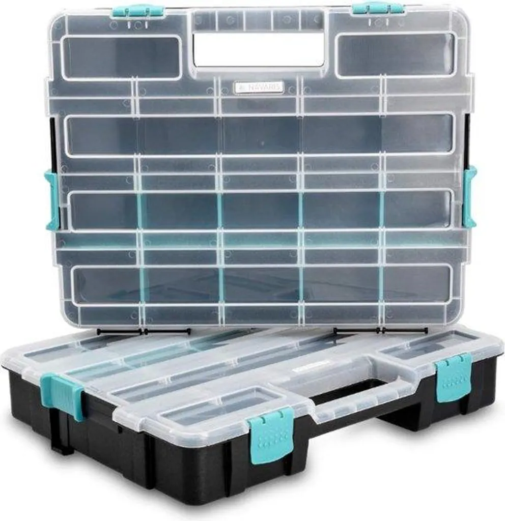 Boîte de rangement à compartiments rigide et empilable noir et blanc XL