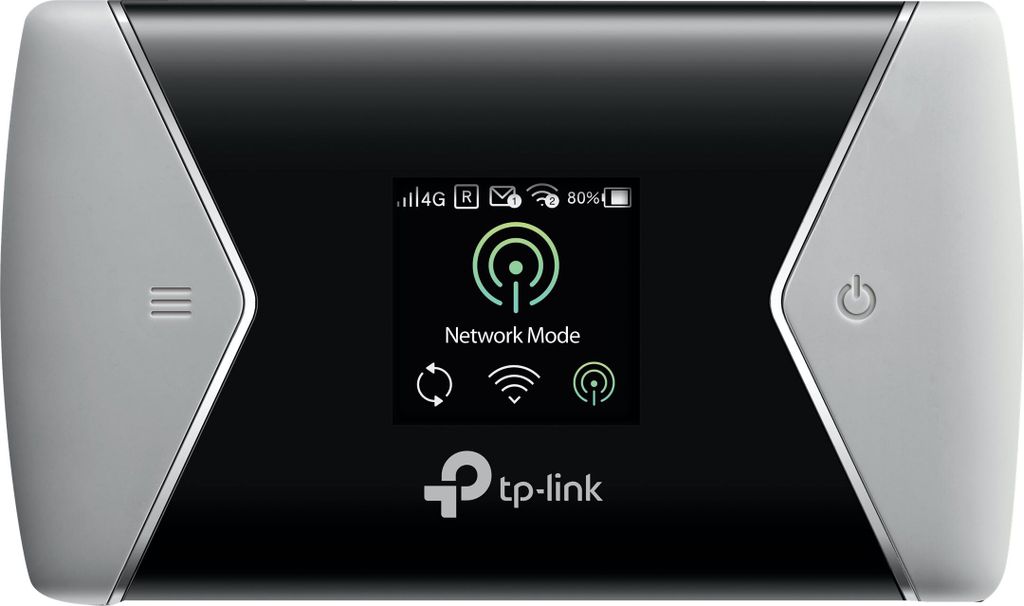 A TP-Link mobile hotspot device is shown from the front, displaying its screen with network information.