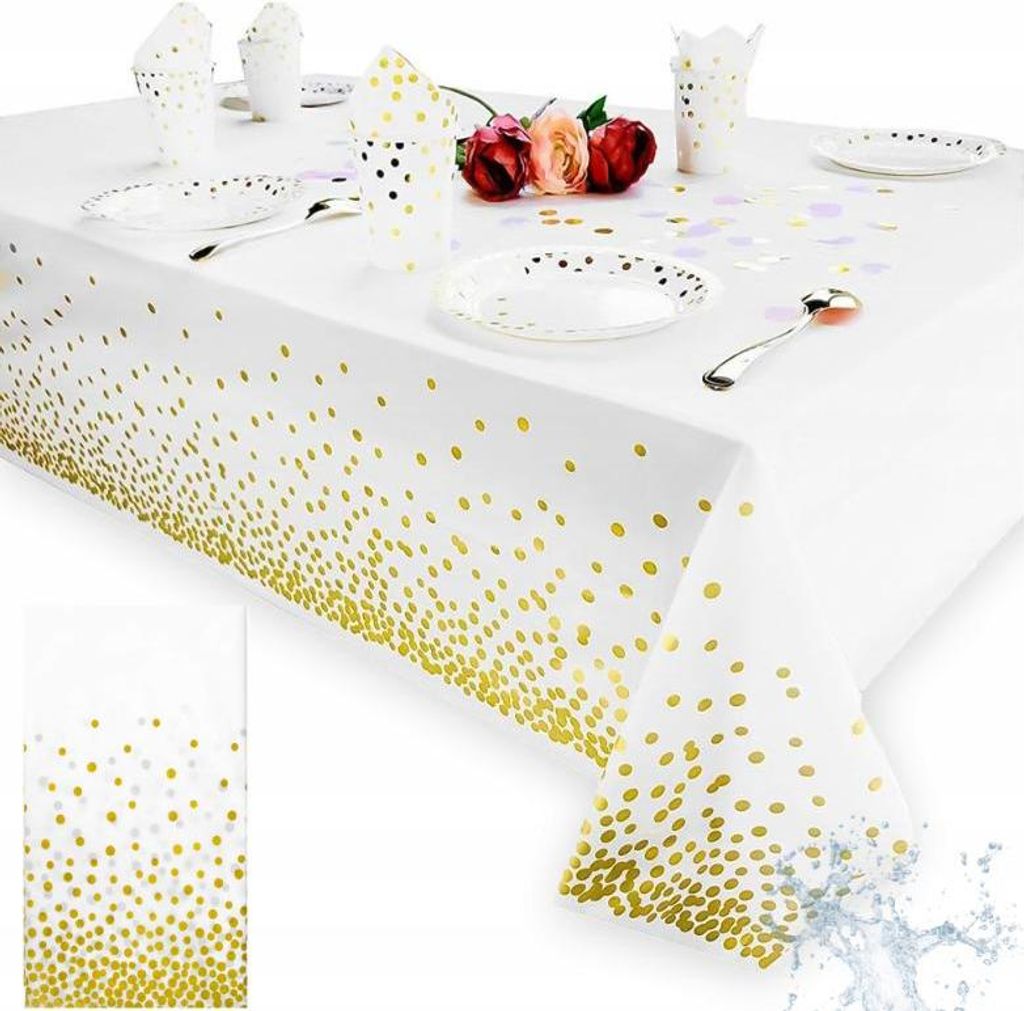 Einweg-Tischdecke für einen mit weißer Folie und goldenem Konfetti gedeckten Tisch, groß, 137 x 274 cm