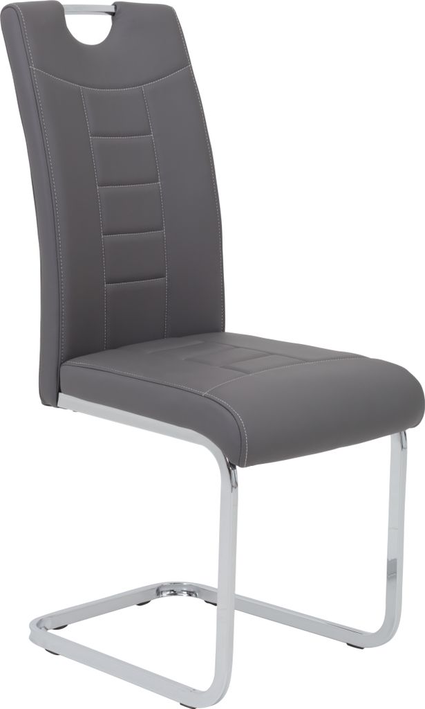A single, dark gray dining chair with a chrome frame, shown from the side against a white background.