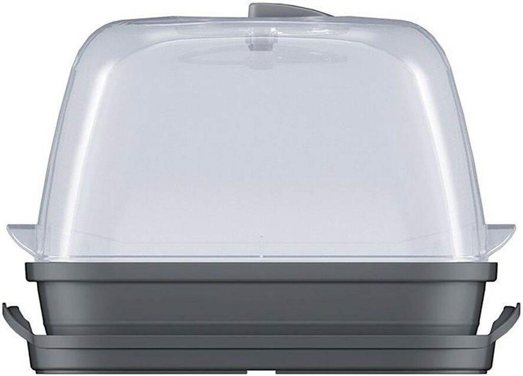 A clear, front-facing studio shot of a gray and clear plastic tabletop greenhouse.