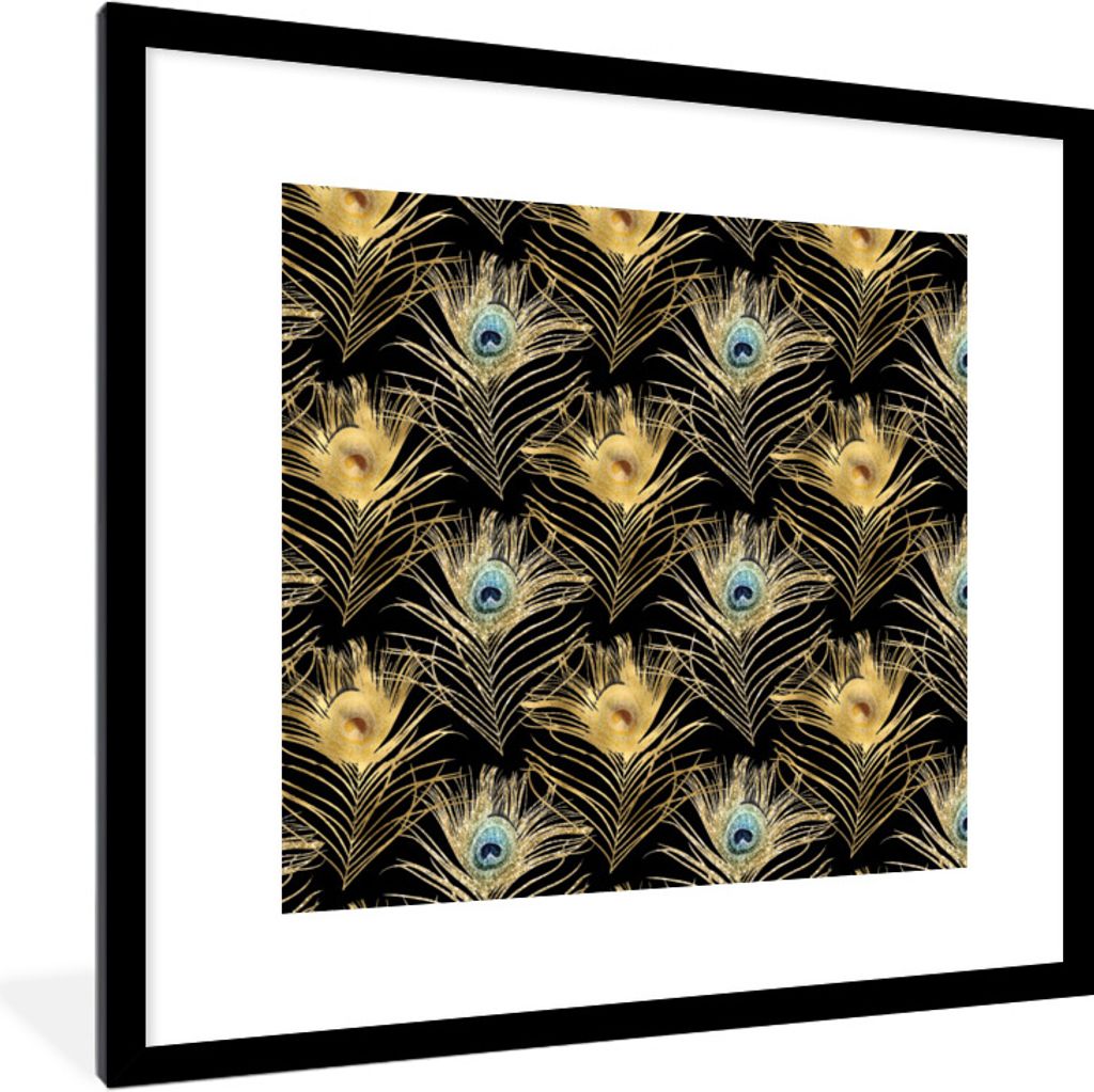 MuchoWow Gerahmtes Poster Muster - Pfauenfedern - Gold 40x40 cm - Poster mit Schwarzem Bilderrahmen Wandposter Rahmen Foto Bilder - Poster - Plak...