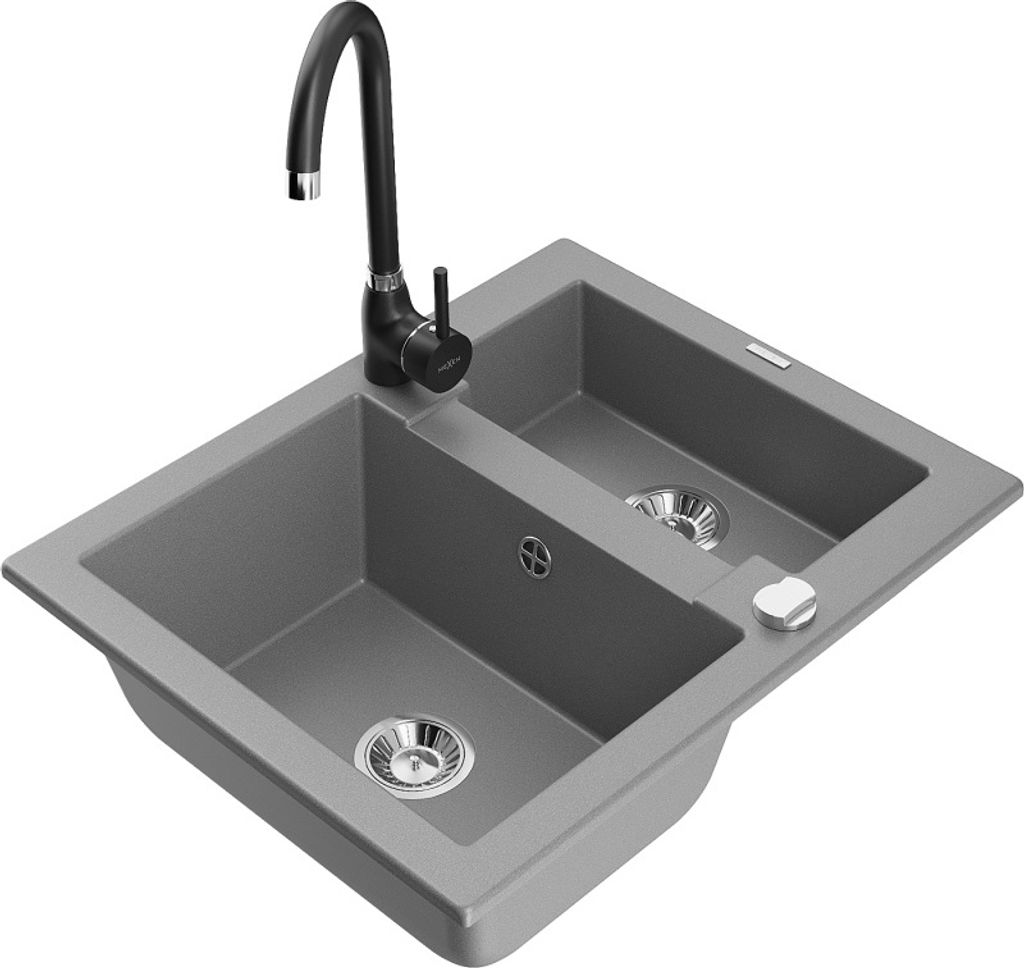 Mexen Carlos 1,5-Becken-Granitspüle mit Mischbatterie Telma, Grau - 6518-71-670200-70