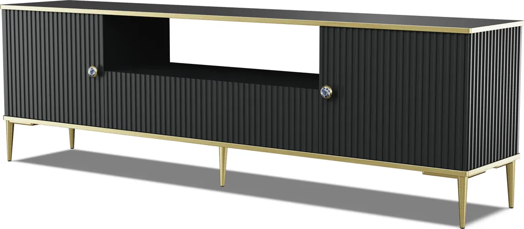 Armoire TV PETRA 180 cm Noir Mat 2D1S avec Pieds Métal Dorés Style Loft
