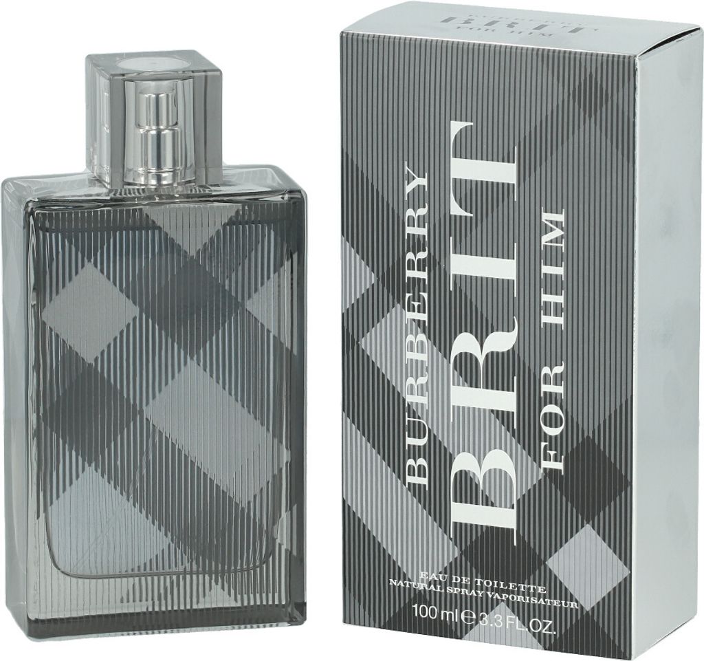 A bottle of Burberry Brit Men eau de Toilette and its packaging are displayed side-by-side against a white background.