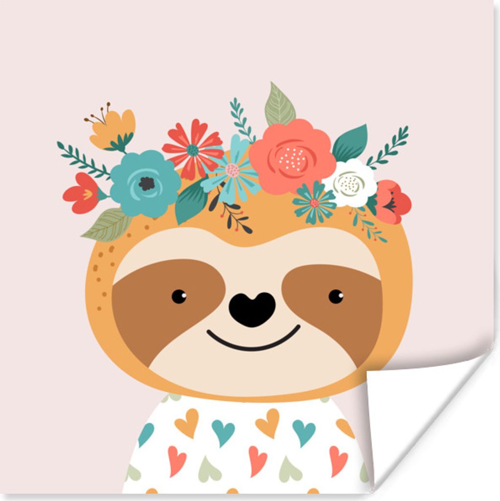 MuchoWow Poster Faultier - Blumen - Pastell 50x50 cm - Wohnzimmerdekoration