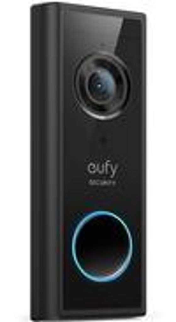 A black Eufy video doorbell is shown against a white background.