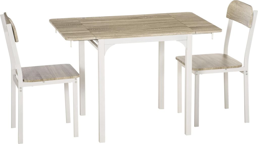 2-teilige Sitzgruppe, Klappbarer Esstisch mit 2 Stühlen, Klapptisch, 110 cm x 70 cm x 75 cm, Weiß + Natur